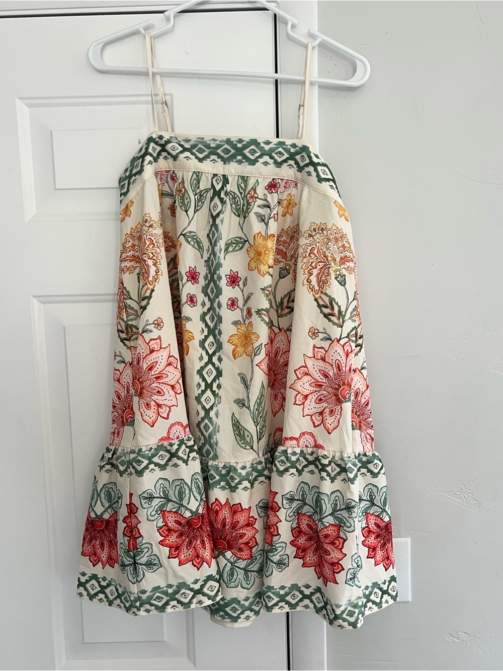 Cream Floral Tiered Midi Dress with Green Trim